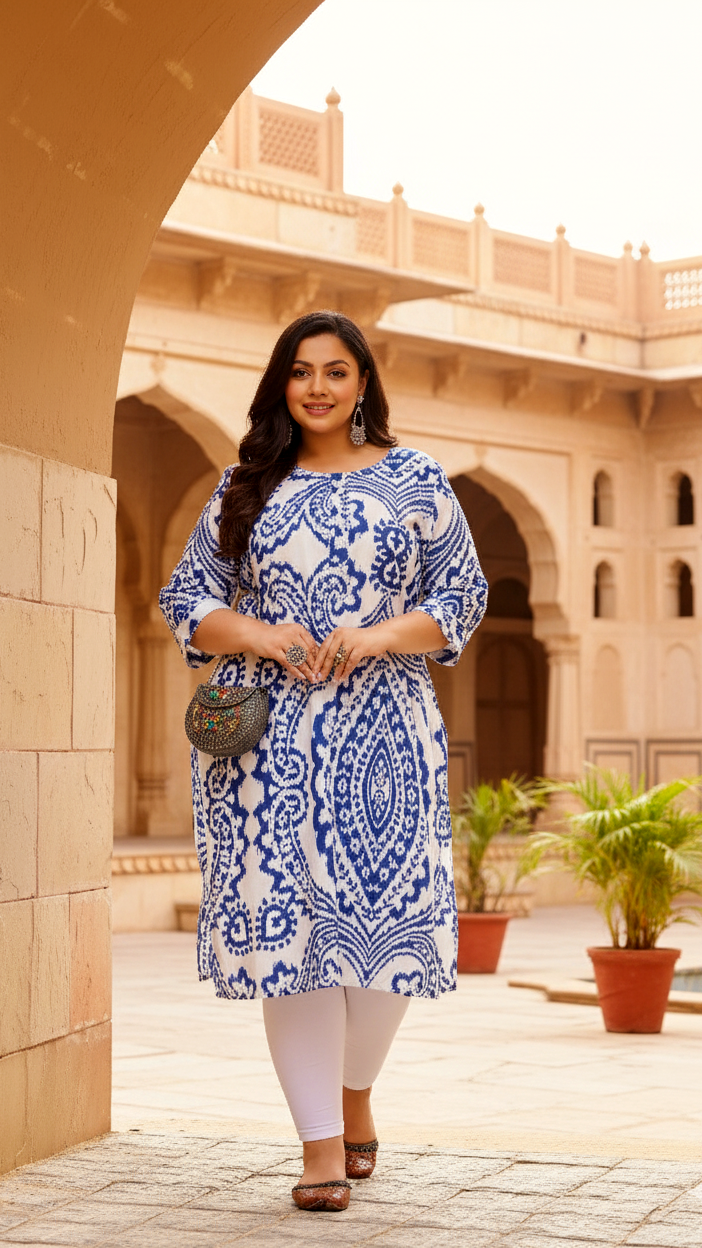 Plus Size White & Blue Ikat Print Cotton Kurti for Women