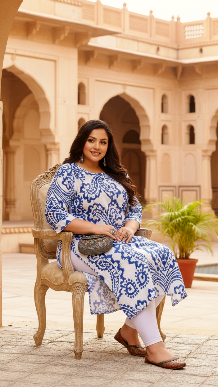 Plus Size White & Blue Ikat Print Cotton Kurti for Women
