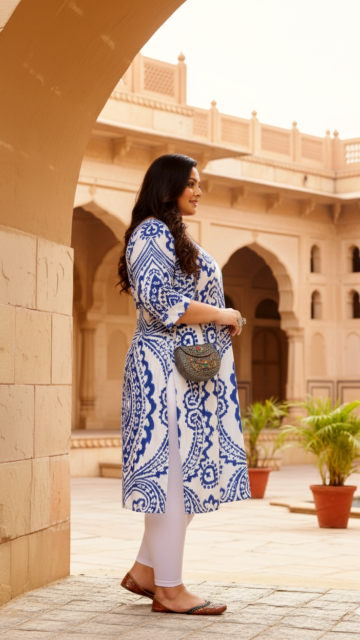 Plus Size White & Blue Ikat Print Cotton Kurti for Women