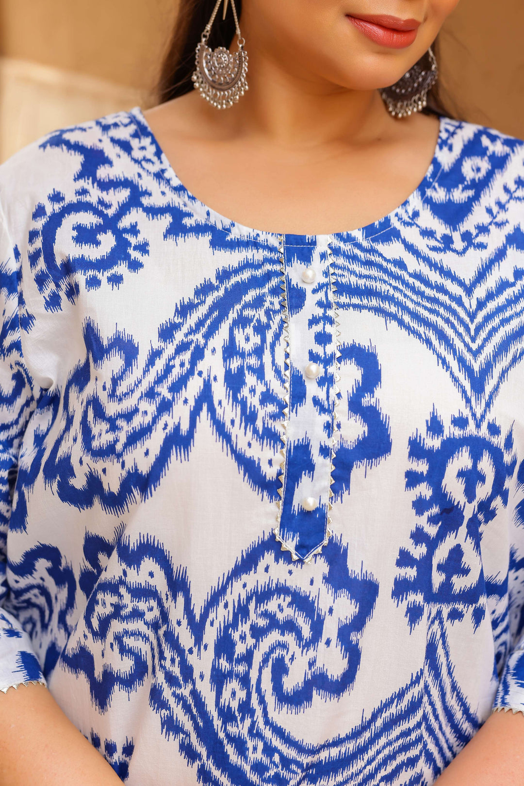 Plus Size White & Blue Ikat Print Cotton Kurti for Women