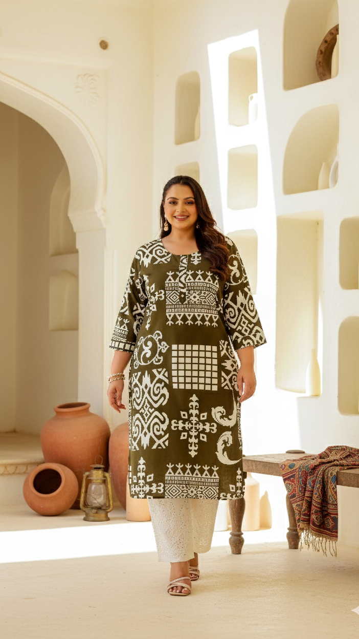 Plus Size Olive Green & White Geometric Printed Kurti for Women