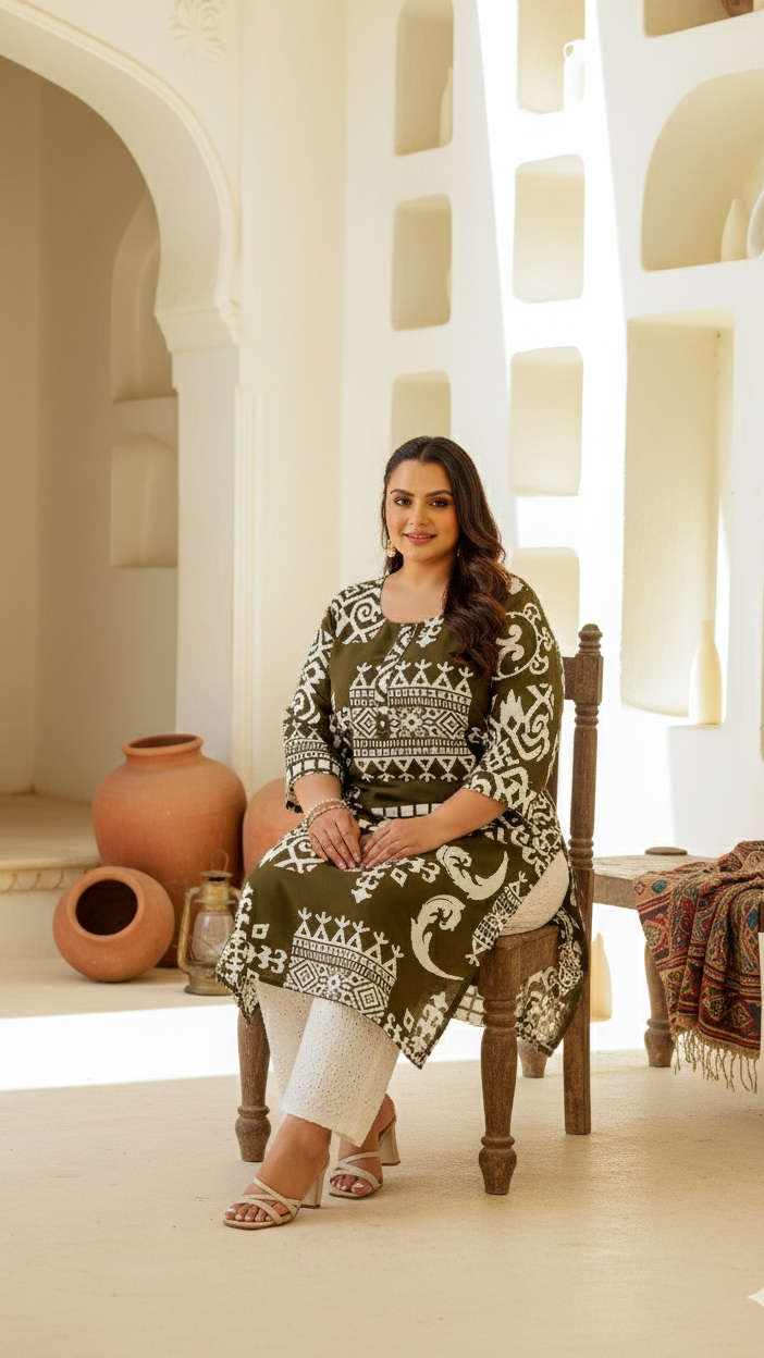 Plus Size Olive Green & White Geometric Printed Kurti for Women