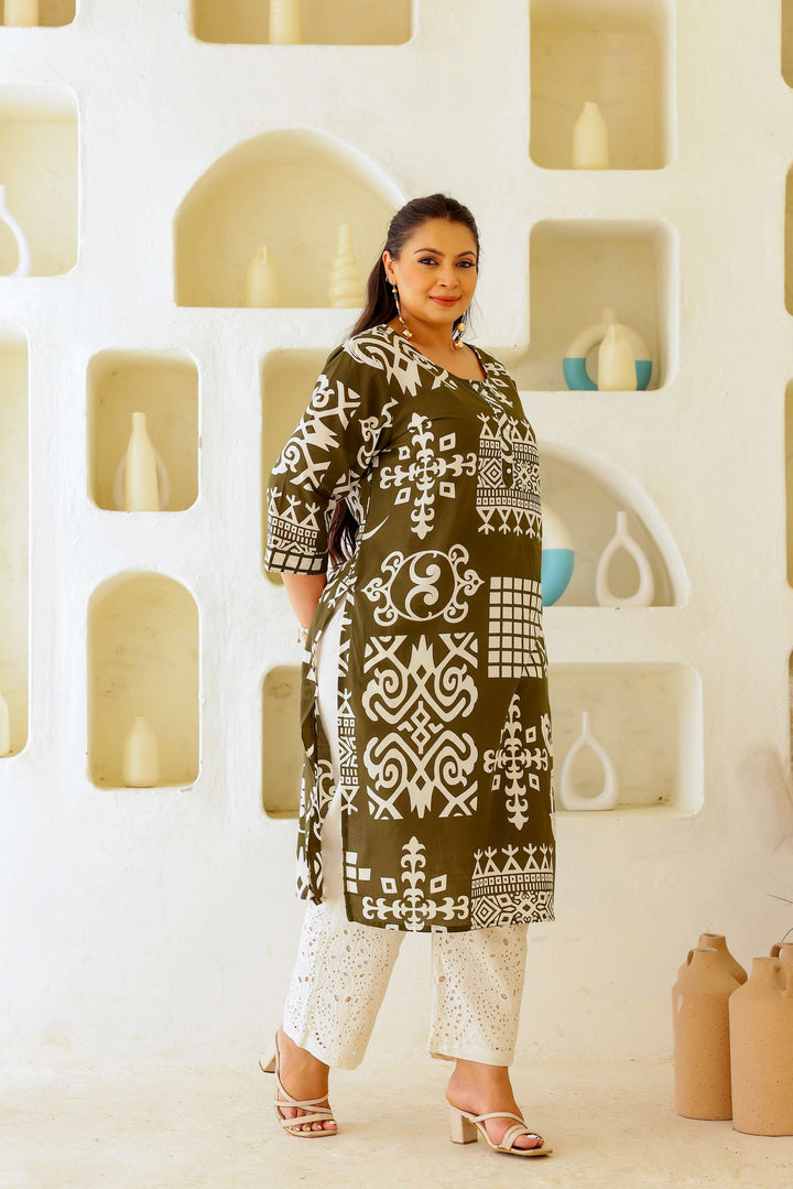 Plus Size Olive Green & White Geometric Printed Kurti for Women
