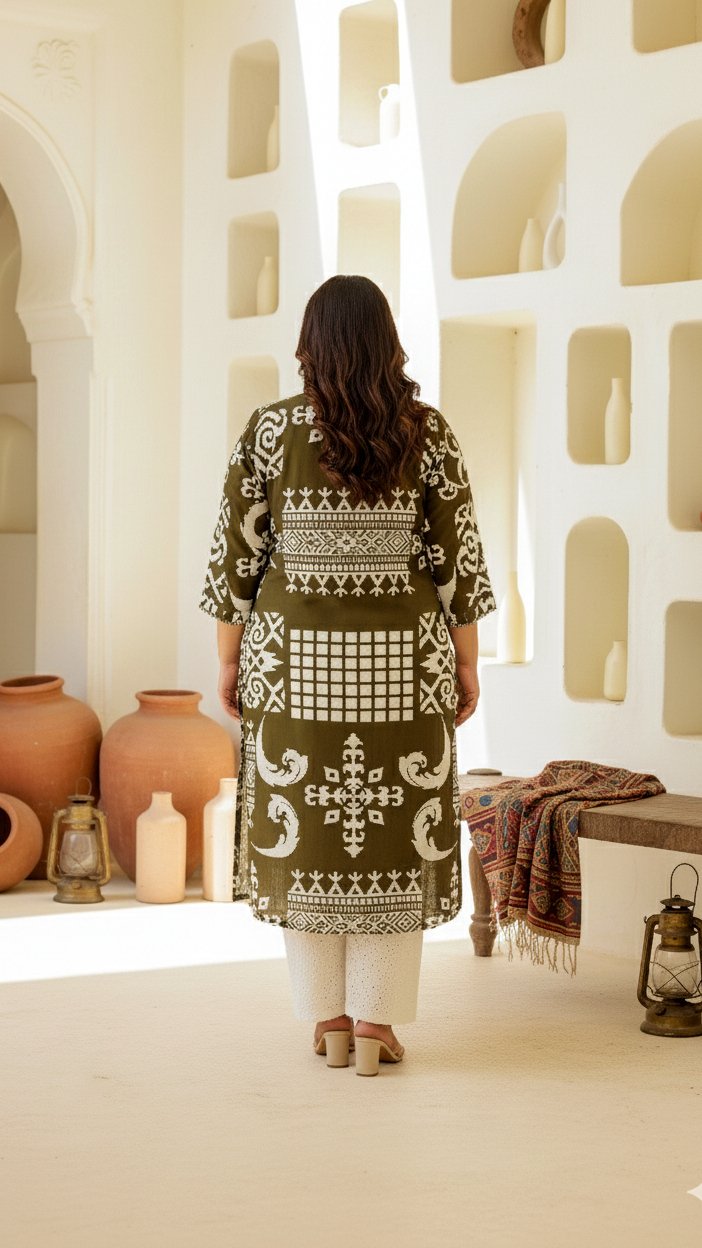 Plus Size Olive Green & White Geometric Printed Kurti for Women
