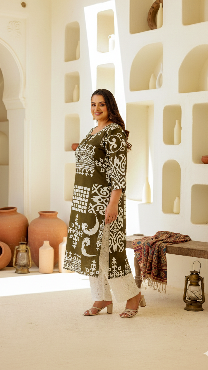 Plus Size Olive Green & White Geometric Printed Kurti for Women