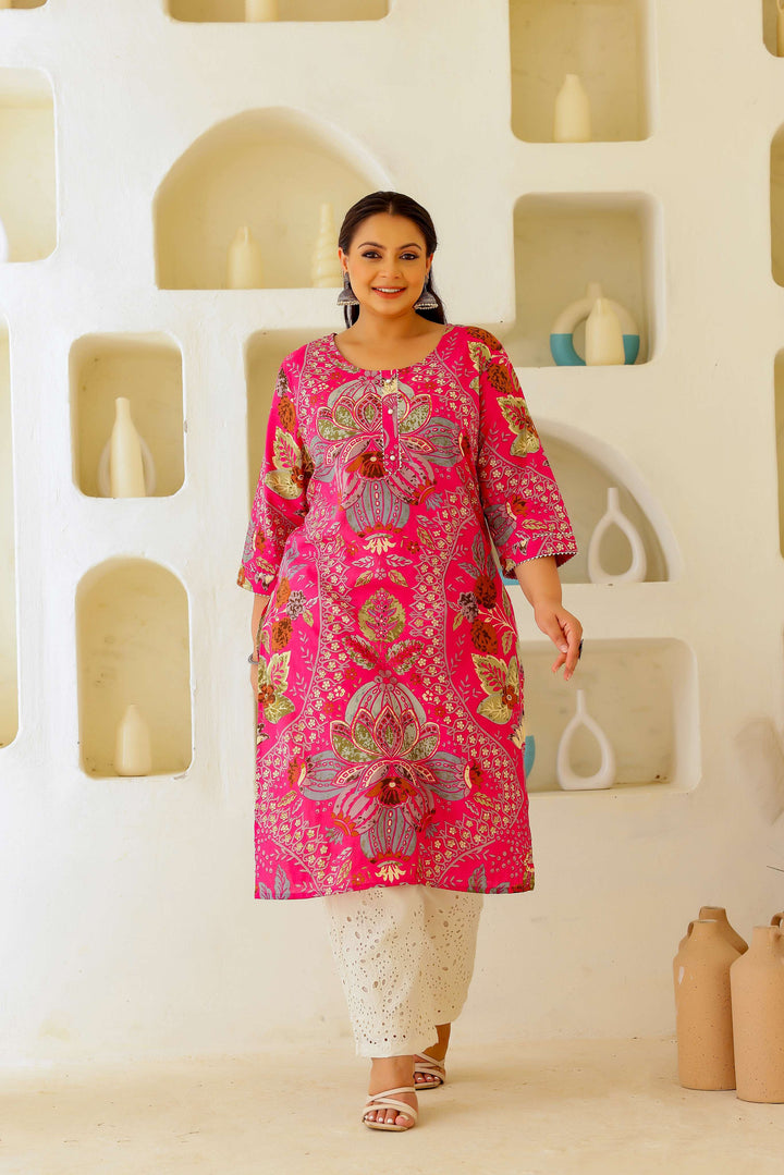 Plus Size Pink Floral & Paisley Printed Cotton Kurti for Women