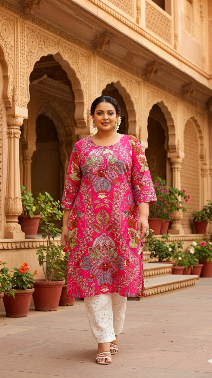 Plus Size Pink Floral & Paisley Printed Cotton Kurti for Women
