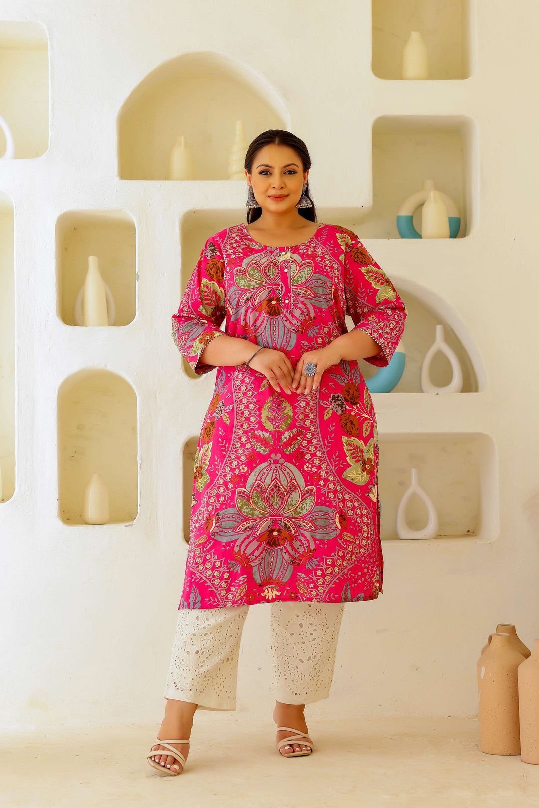 Plus Size Pink Floral & Paisley Printed Cotton Kurti for Women