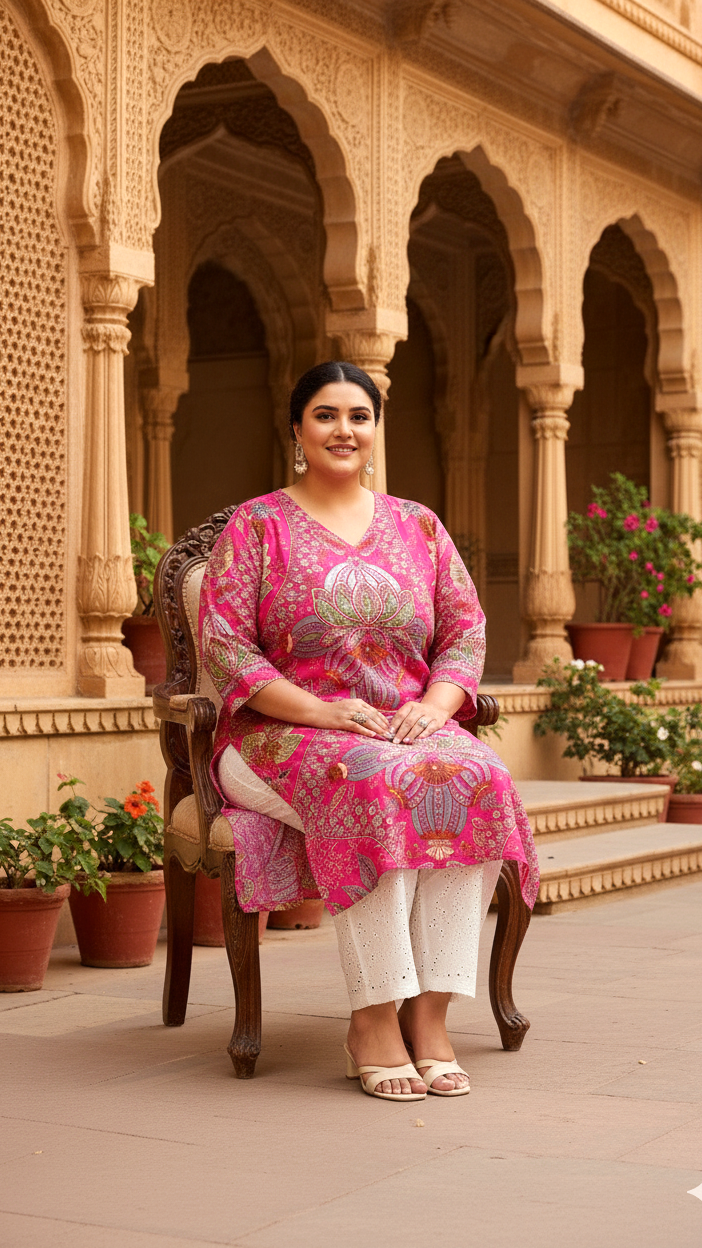 Plus Size Pink Floral & Paisley Printed Cotton Kurti for Women