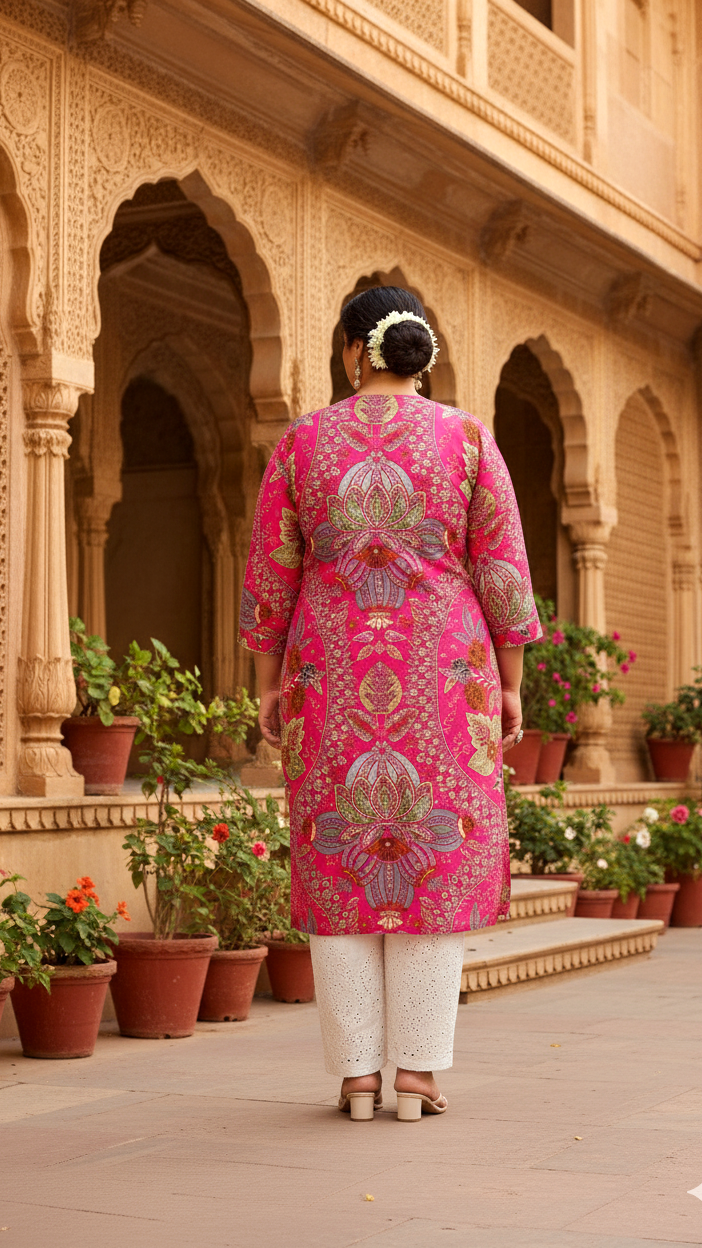 Plus Size Pink Floral & Paisley Printed Cotton Kurti for Women