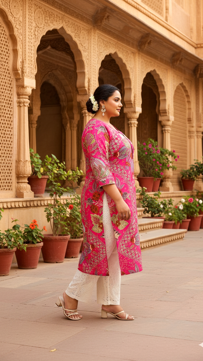 Plus Size Pink Floral & Paisley Printed Cotton Kurti for Women