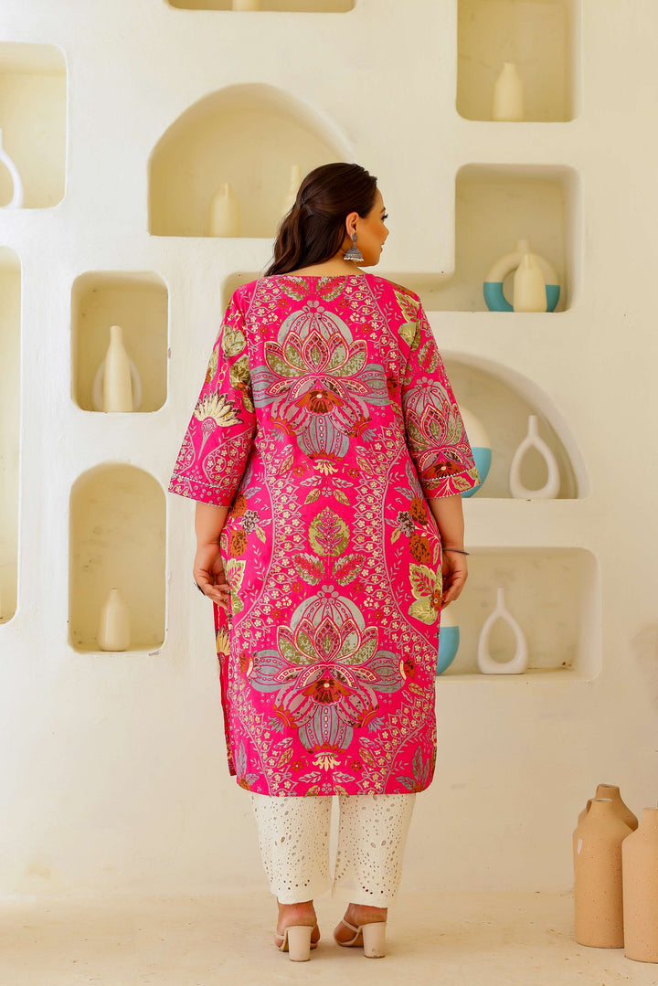 Plus Size Pink Floral & Paisley Printed Cotton Kurti for Women