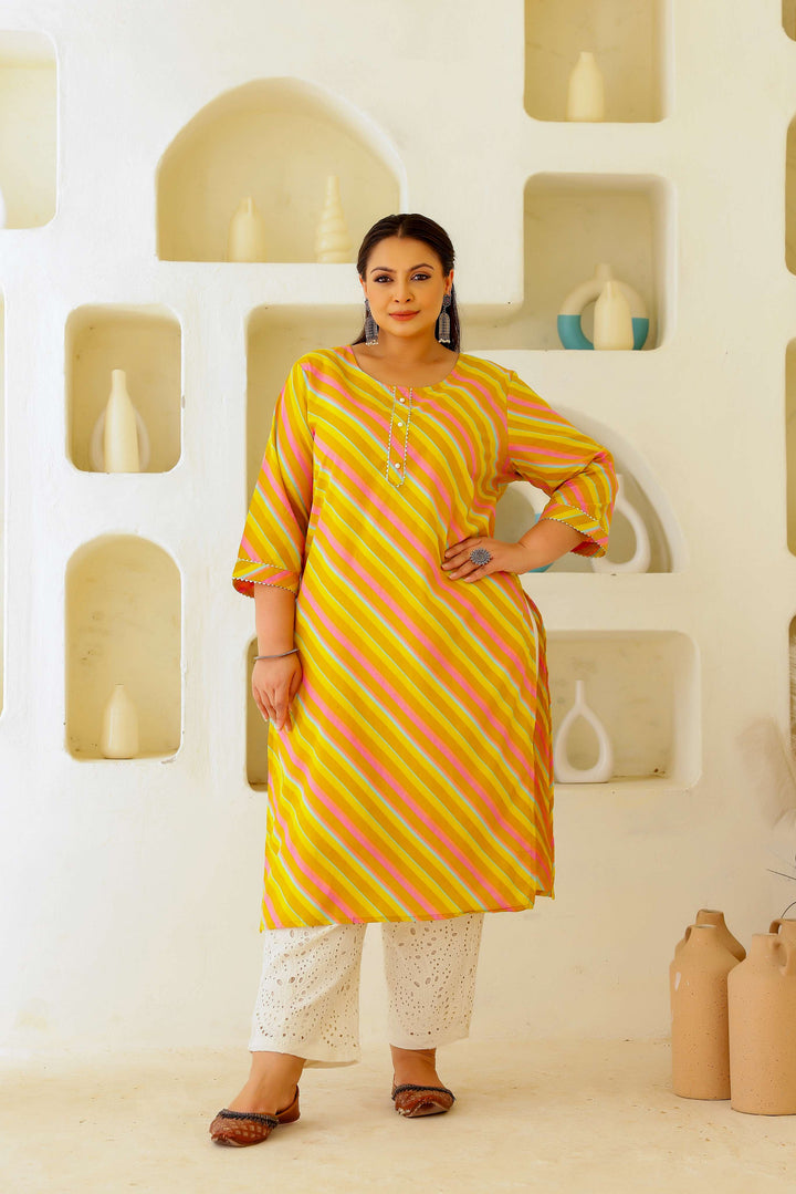 Plus Size Women's Yellow & Pink Cotton Striped Kurti – Comfortable & Stylish