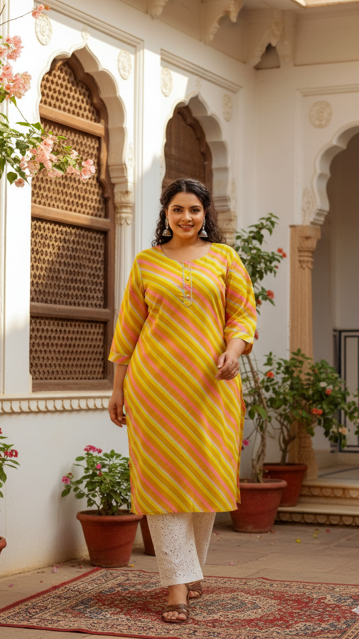 Plus Size Women's Yellow & Pink Cotton Striped Kurti – Comfortable & Stylish