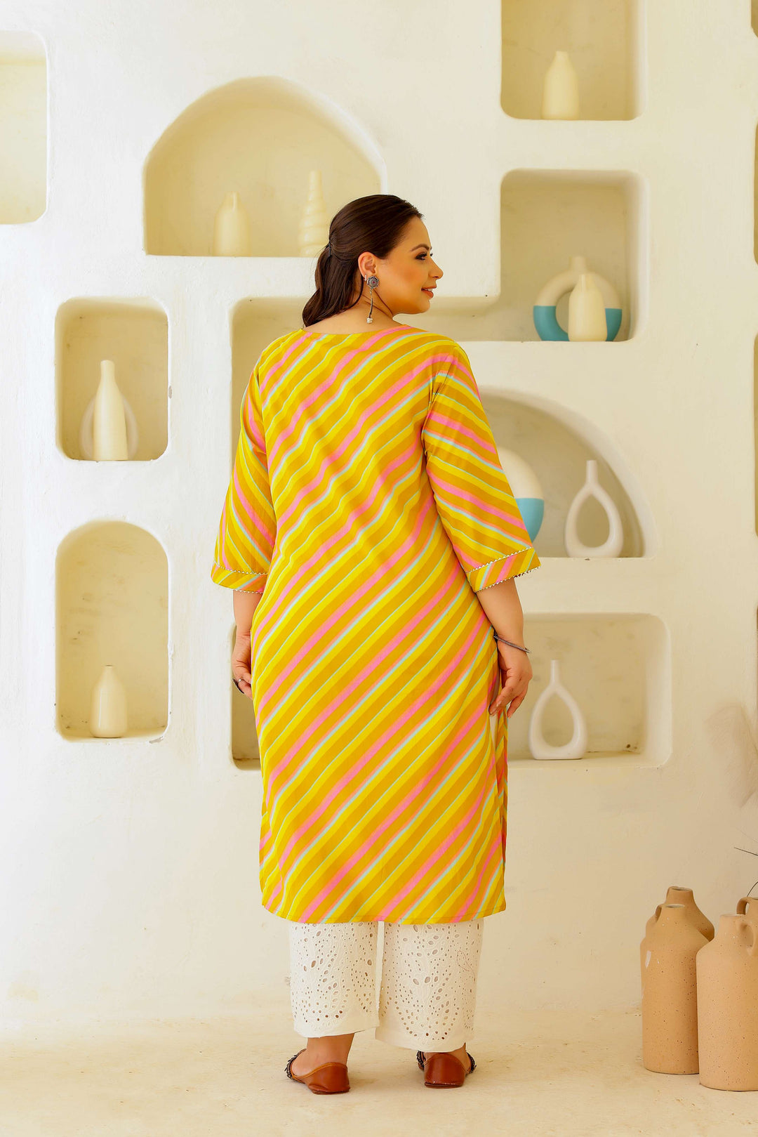 Plus Size Women's Yellow & Pink Cotton Striped Kurti – Comfortable & Stylish