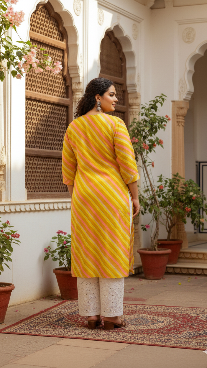 Plus Size Women's Yellow & Pink Cotton Striped Kurti – Comfortable & Stylish