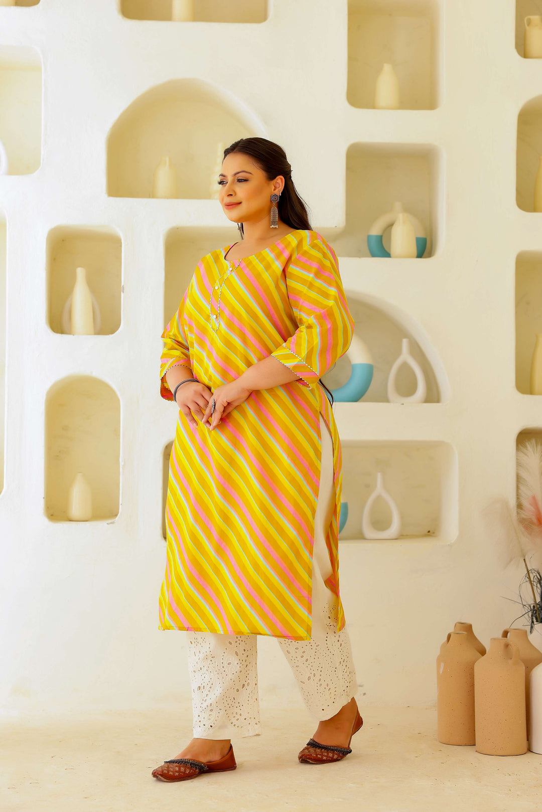 Plus Size Women's Yellow & Pink Cotton Striped Kurti – Comfortable & Stylish