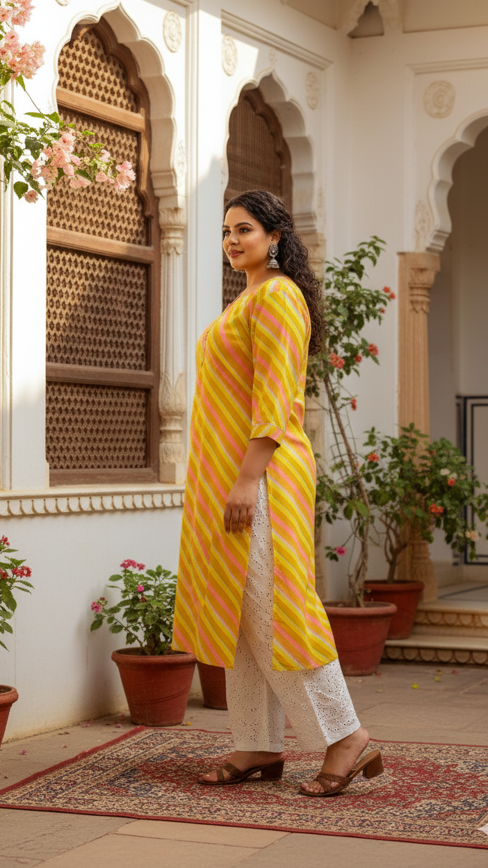 Plus Size Women's Yellow & Pink Cotton Striped Kurti – Comfortable & Stylish