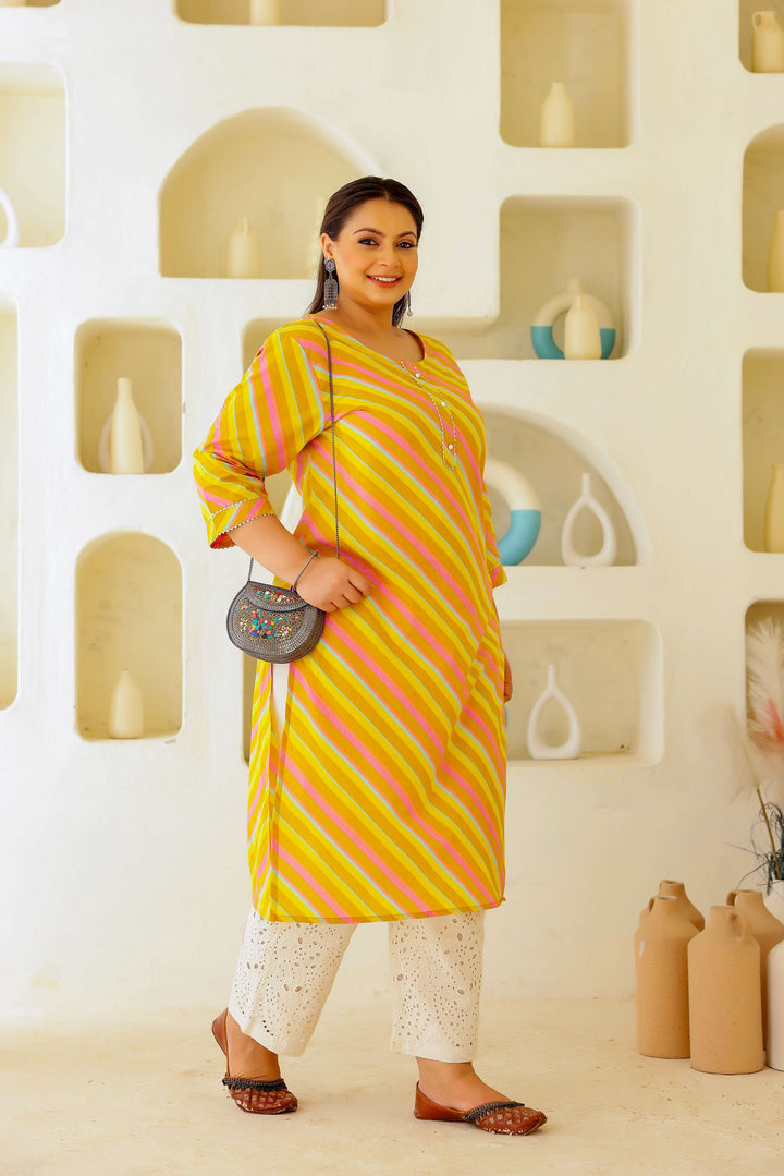 Plus Size Women's Yellow & Pink Cotton Striped Kurti – Comfortable & Stylish