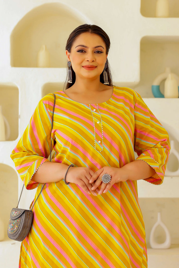 Plus Size Women's Yellow & Pink Cotton Striped Kurti – Comfortable & Stylish