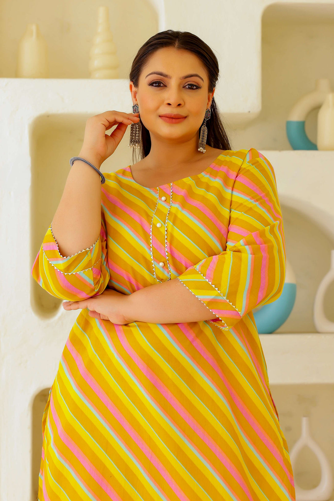 Plus Size Women's Yellow & Pink Cotton Striped Kurti – Comfortable & Stylish