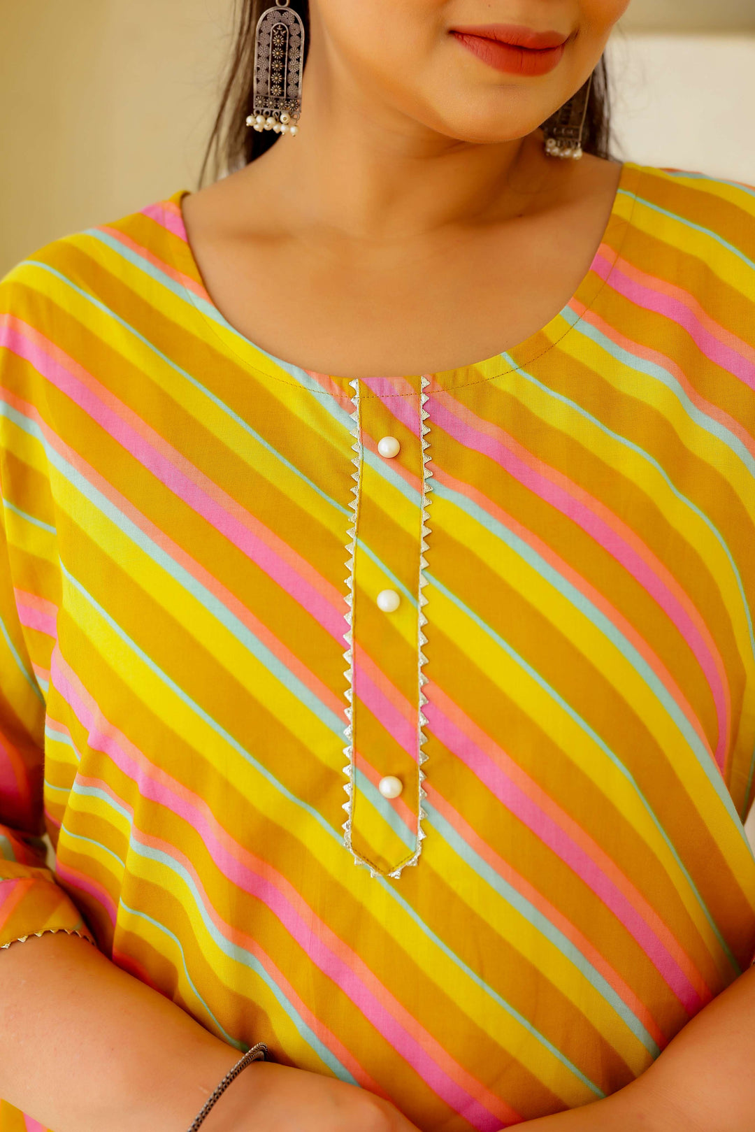 Plus Size Women's Yellow & Pink Cotton Striped Kurti – Comfortable & Stylish