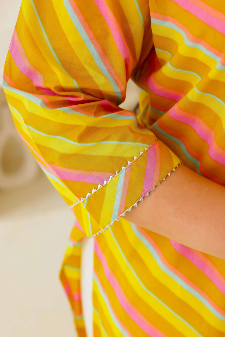 Plus Size Women's Yellow & Pink Cotton Striped Kurti – Comfortable & Stylish