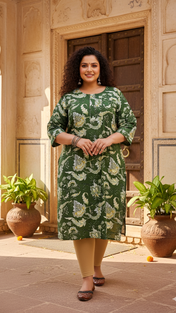 Plus Size Green Cotton Kurti with Floral Print – Comfortable & Stylish