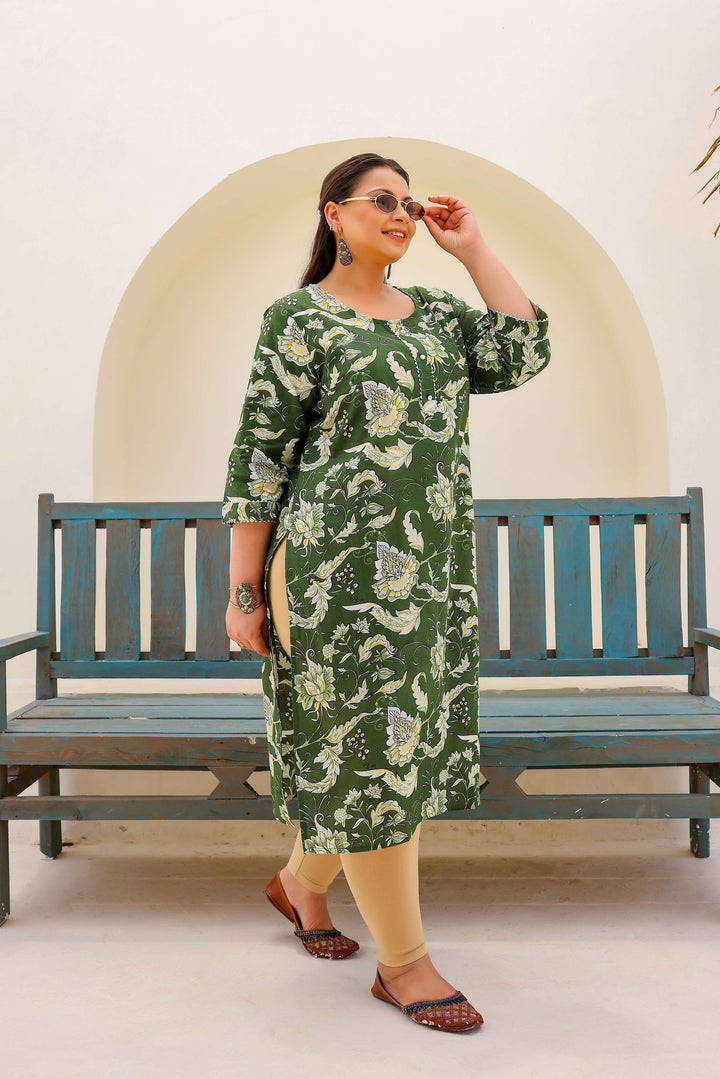 Plus Size Green Cotton Kurti with Floral Print – Comfortable & Stylish