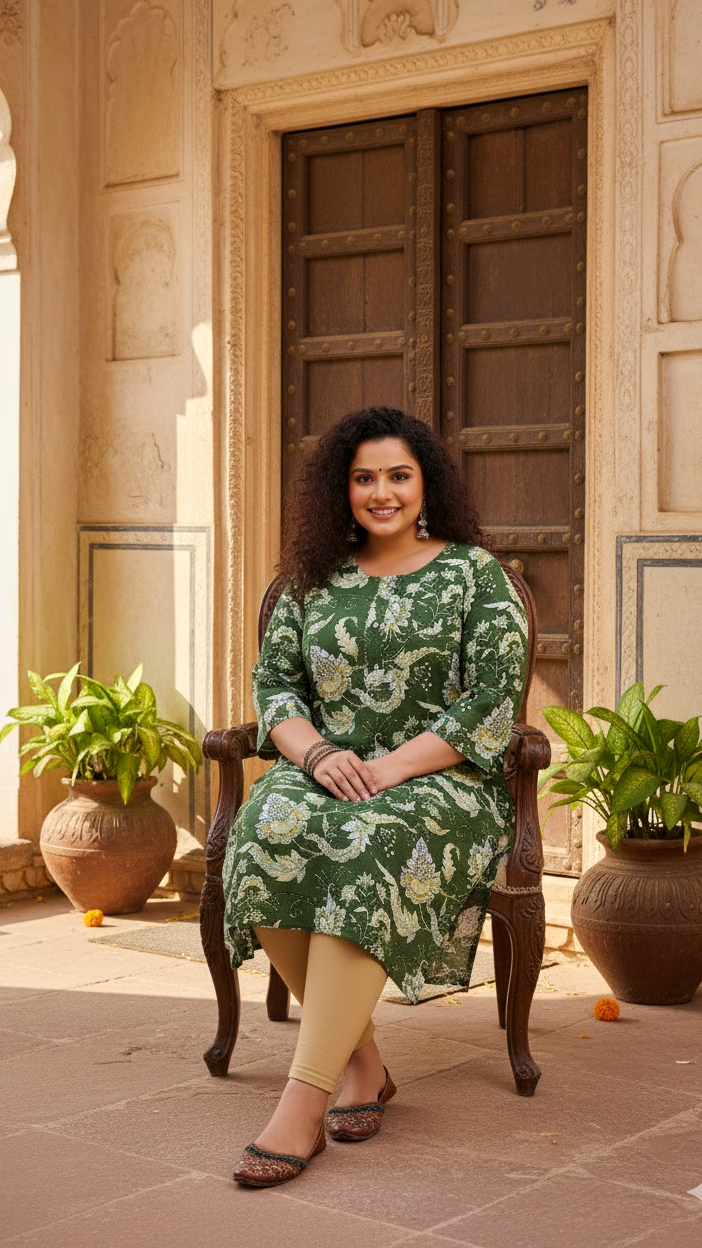 Plus Size Green Cotton Kurti with Floral Print – Comfortable & Stylish