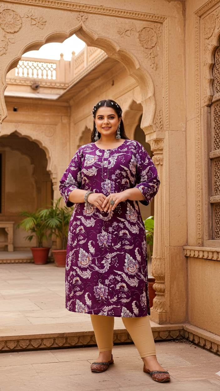 Plus Size Lavender Floral Printed Kurti – Soft Cotton Comfort