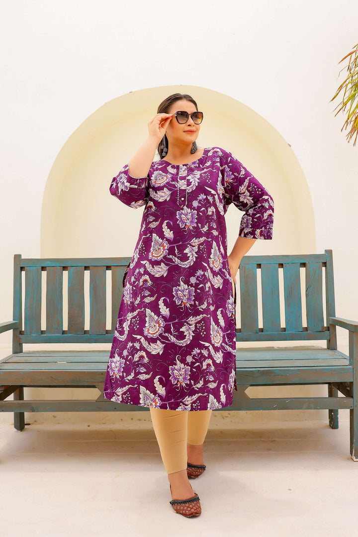 Plus Size Lavender Floral Printed Kurti – Soft Cotton Comfort