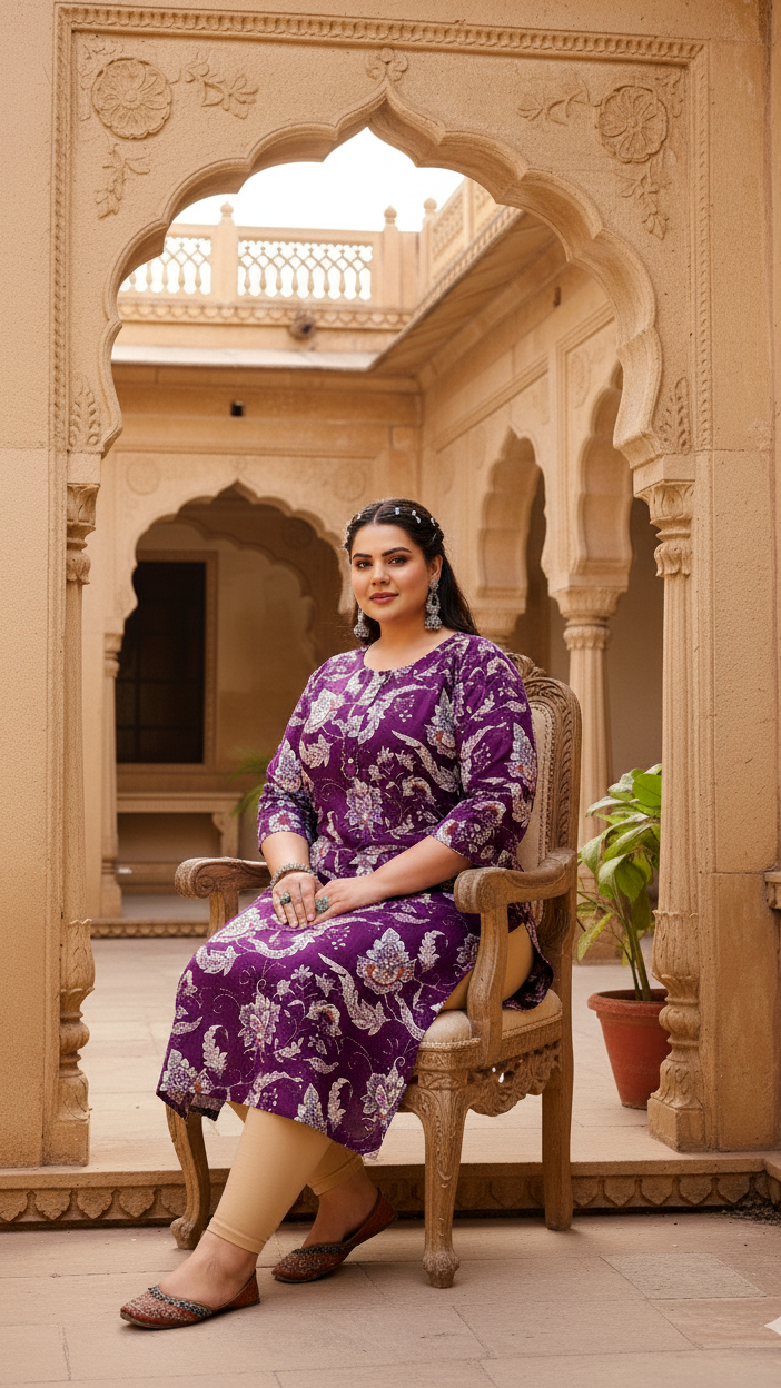 Plus Size Lavender Floral Printed Kurti – Soft Cotton Comfort