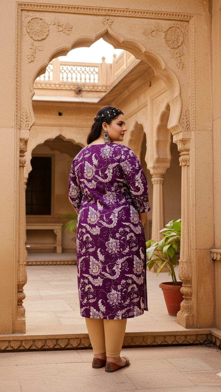 Plus Size Lavender Floral Printed Kurti – Soft Cotton Comfort