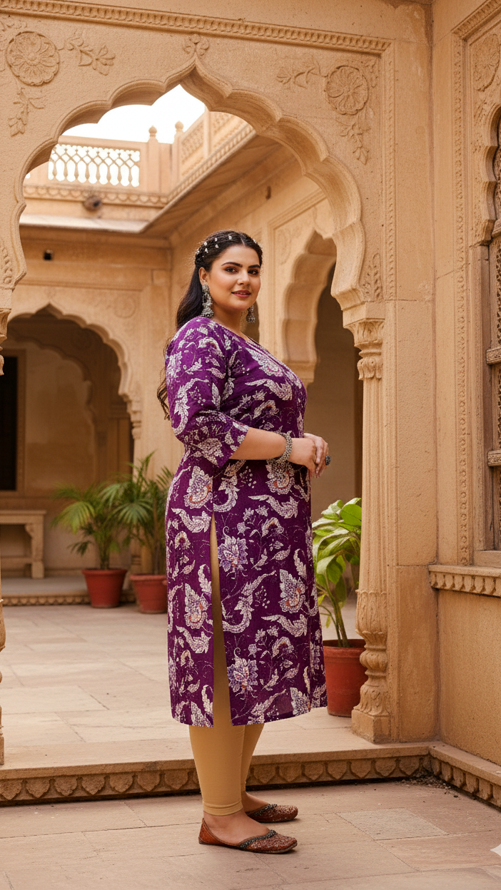 Plus Size Lavender Floral Printed Kurti – Soft Cotton Comfort