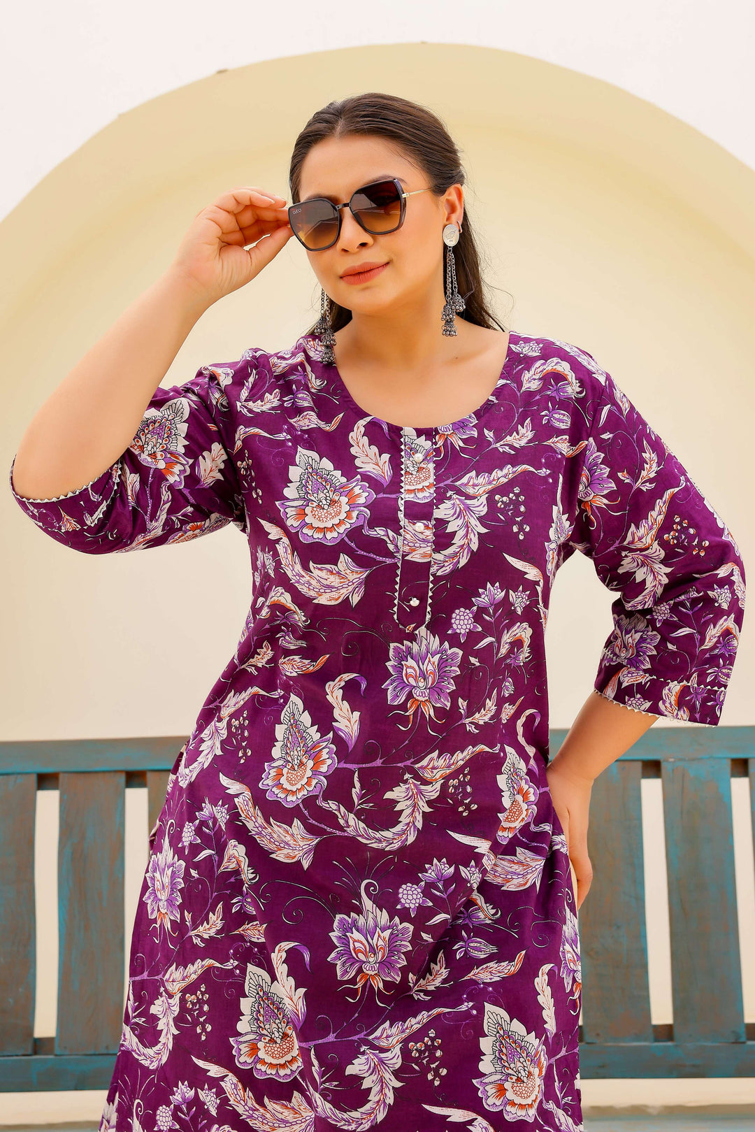 Plus Size Lavender Floral Printed Kurti – Soft Cotton Comfort