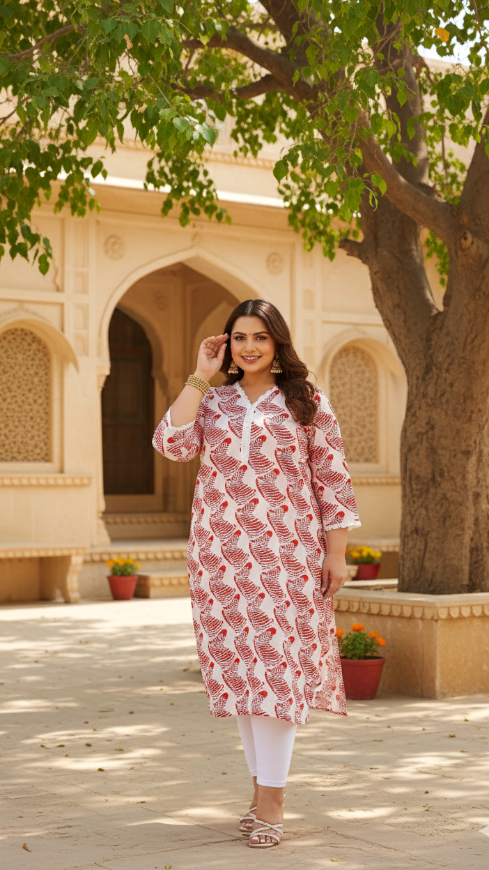 Plus Size Red Abstract Printed Kurti – Effortless Everyday Cotton Elegance