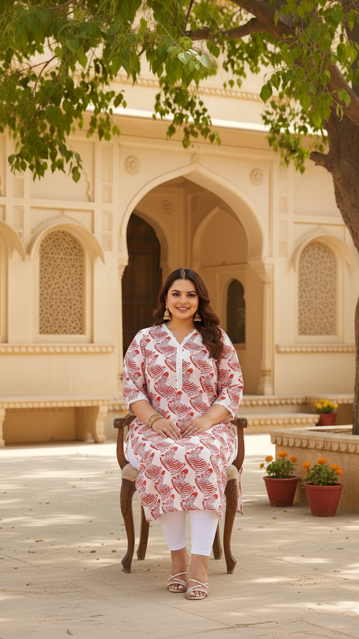 Plus Size Red Abstract Printed Kurti – Effortless Everyday Cotton Elegance