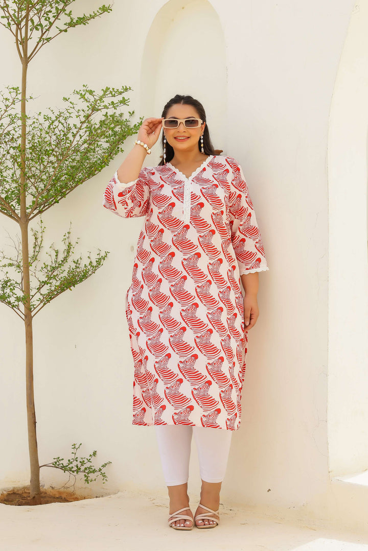 Plus Size Red Abstract Printed Kurti – Effortless Everyday Cotton Elegance