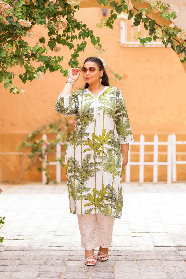 Plus Size White Palm Tree Printed Kurti – Breezy Summer Cotton