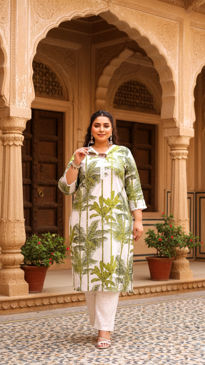 Plus Size White Palm Tree Printed Kurti – Breezy Summer Cotton