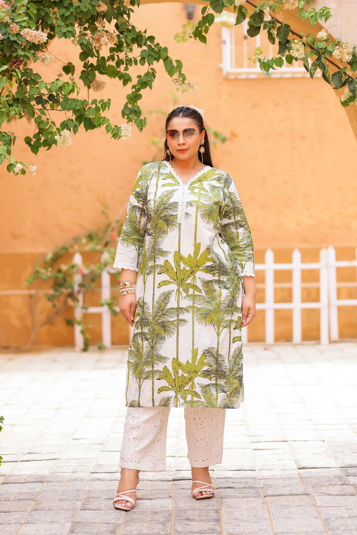 Plus Size White Palm Tree Printed Kurti – Breezy Summer Cotton
