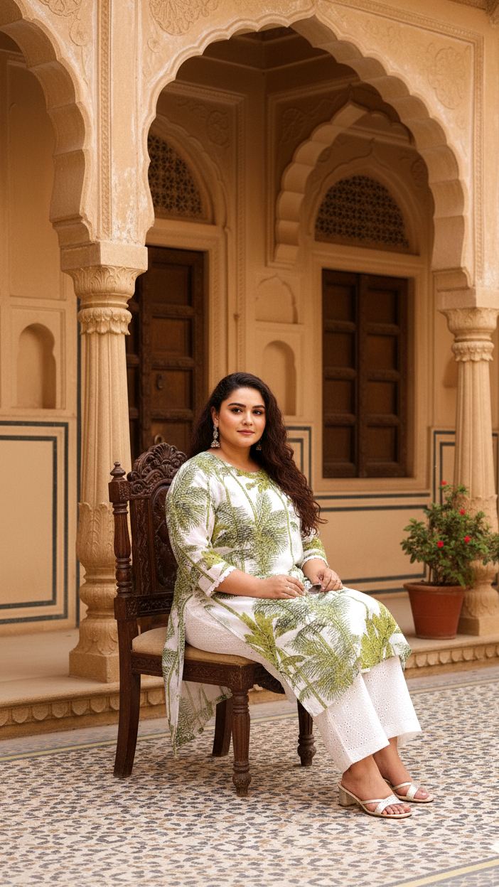 Plus Size White Palm Tree Printed Kurti – Breezy Summer Cotton