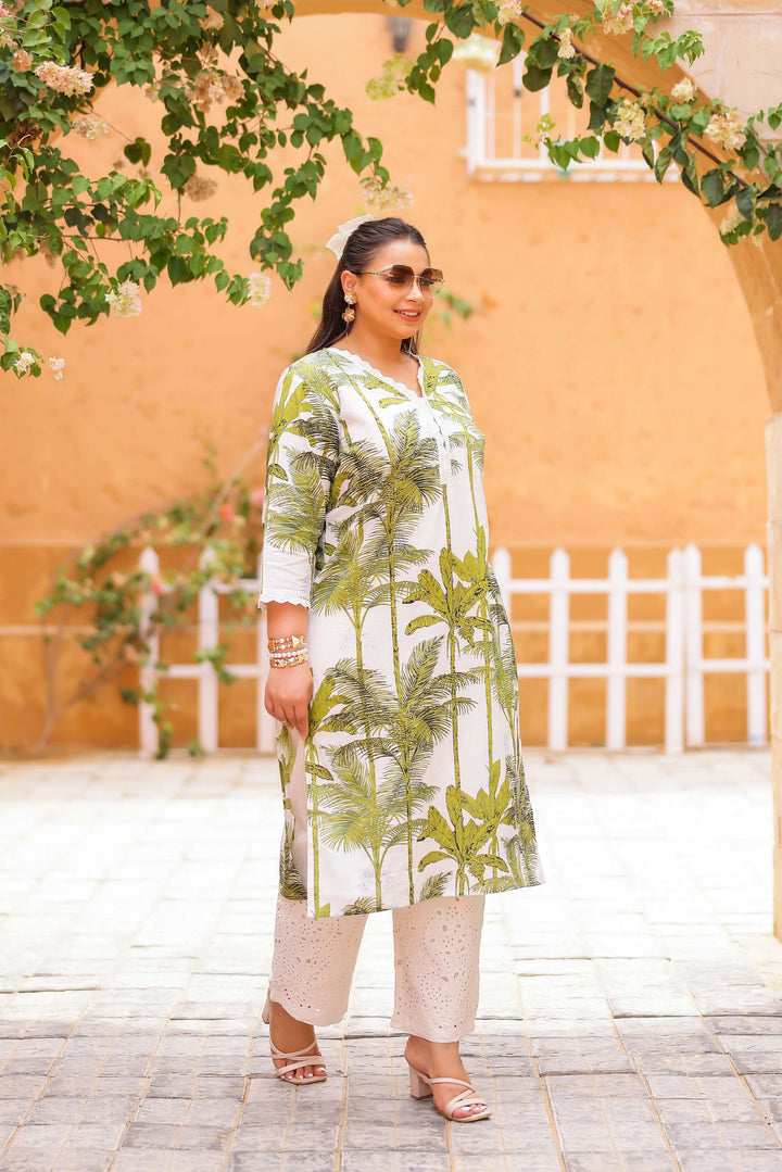 Plus Size White Palm Tree Printed Kurti – Breezy Summer Cotton