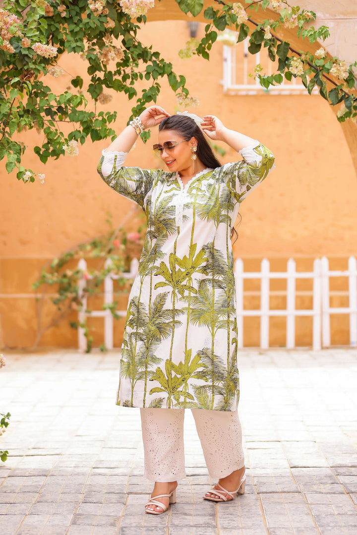 Plus Size White Palm Tree Printed Kurti – Breezy Summer Cotton