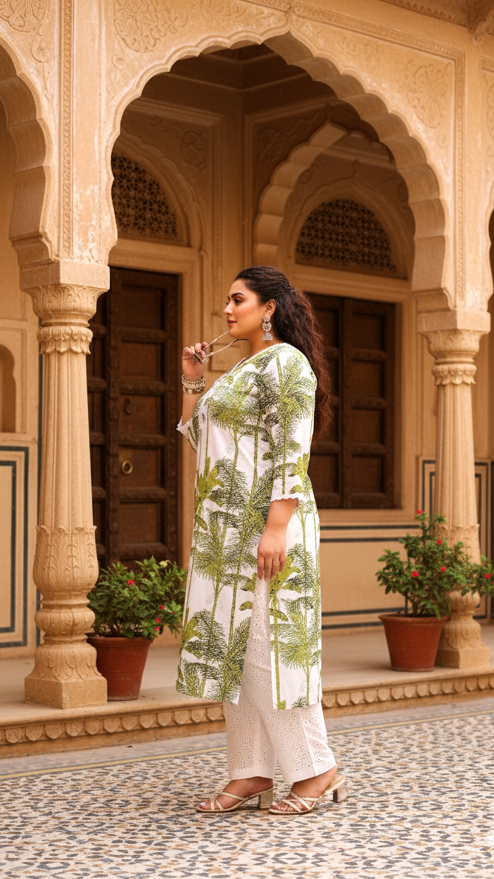 Plus Size White Palm Tree Printed Kurti – Breezy Summer Cotton