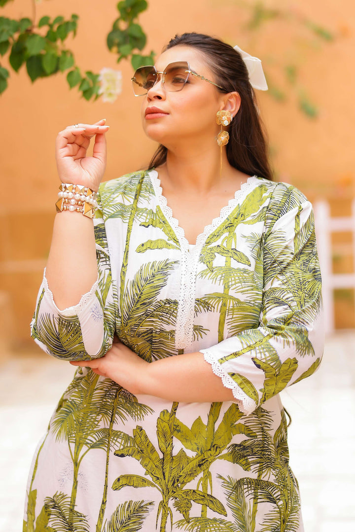 Plus Size White Palm Tree Printed Kurti – Breezy Summer Cotton