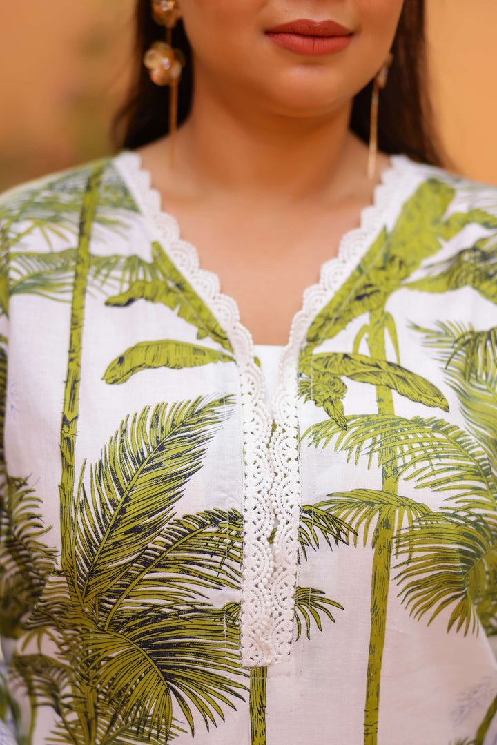 Plus Size White Palm Tree Printed Kurti – Breezy Summer Cotton