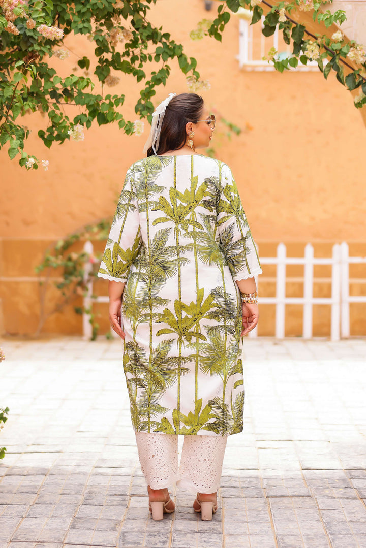 Plus Size White Palm Tree Printed Kurti – Breezy Summer Cotton