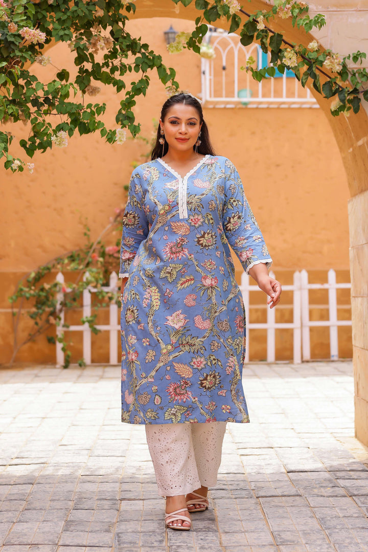 Plus Size Blue Floral Kurti – Elegant Cotton Comfort for Every Day